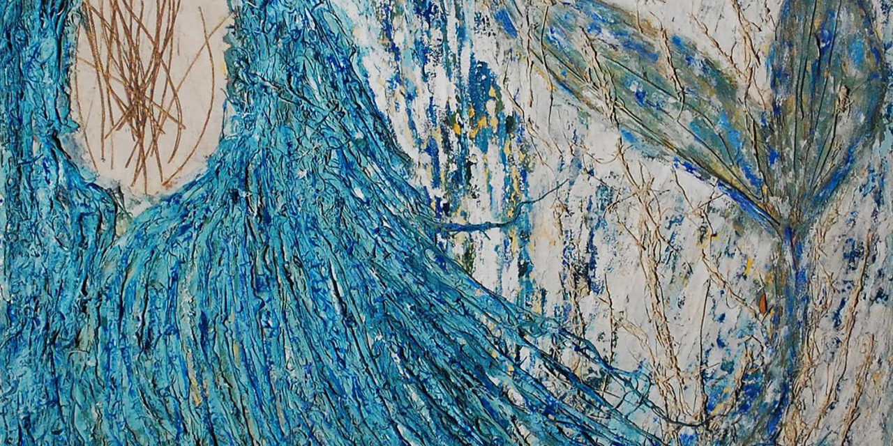 Sospinti Insogni – 2003 Tecnica mista, su tavola telata spessorata ,colori ad olio, acrilici ossidi terre, stucco colla, rete da pesca, legacci, piante marine, tulle – 93×93