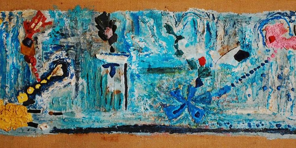 Nuove Isole – 2004 Tecnica mista, su tavola telata spessorata ,colori ad olio, acrilici ossidi terre, stucco colla materie plastiche modellate dal mare vetro crbone piante marine- 90×34